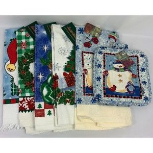 Mixed Lot of 6 Kitchen Towels Christmas Theme Santa, Snowman, Tree, Bear, Wreath